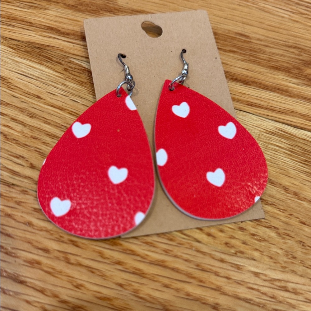 Red Teardrop Earrings with White Hearts
